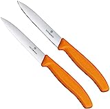 Victorinox Swiss Classic 2-TLG. Gemüsemesser-Set, 1 x Normaler Schliff, 1 x Wellenschliff, 10 cm Klinge, Mittelspitz, orange