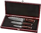 Wakoli Edib 3er Damastmesser-Set mit Klingenlängen von 8,50cm bis 17,00cm extrem scharf aus 67 Lagen I Profi Küchenmesser Set aus echtem japanischen Damaststahl mit Griffen aus Pakkaholz und Holzbox