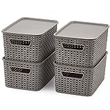 EZOWARE 4 Stück Aufbewahrungskorb mit Deckel aus Kunststoff, Korb Aufbewahrungskiste in Rattan-Optik fur Küche, Kleiderschrank, Schrank - 28 x 18.5 x 13 cm/Grau
